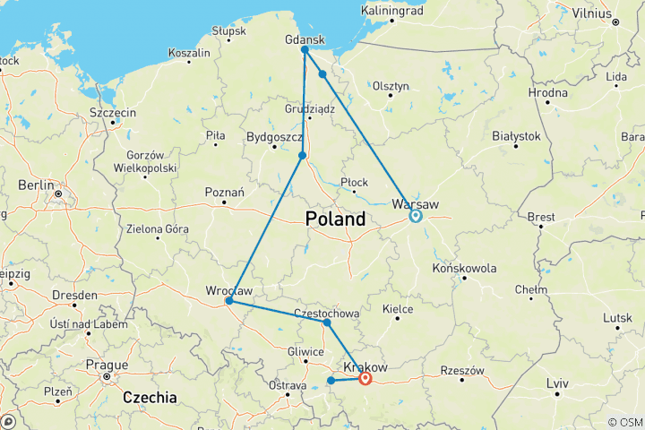 Map of Discovering Poland Warsaw, Gdansk, Wroclaw & Kraków (Warsaw to Krakow)