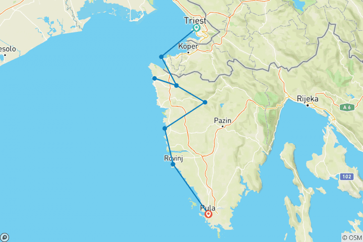 Carte du circuit De Trieste à Pula en vélo