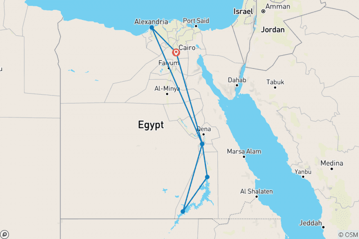 Map of 14 day Grand Egypt Tour with 7 nights Nile Cruise