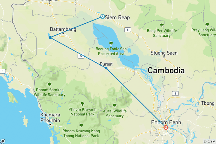 Kaart van Fietstocht in Cambodja - 7 dagen