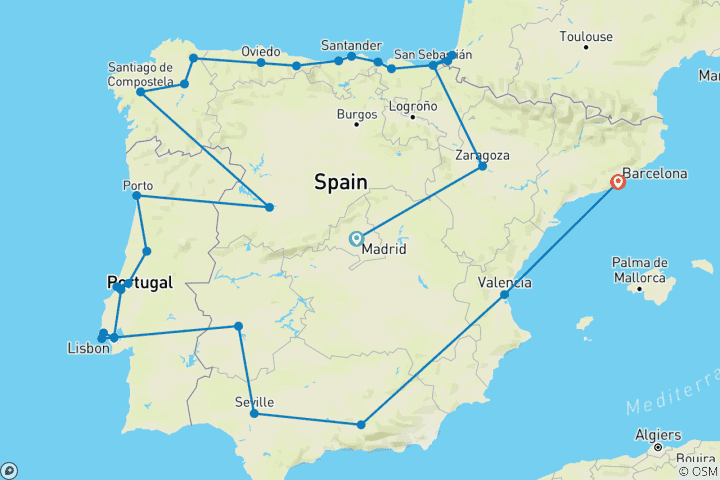 Kaart van 22-Daagse rondreis door Madidië & het Iberisch schiereiland