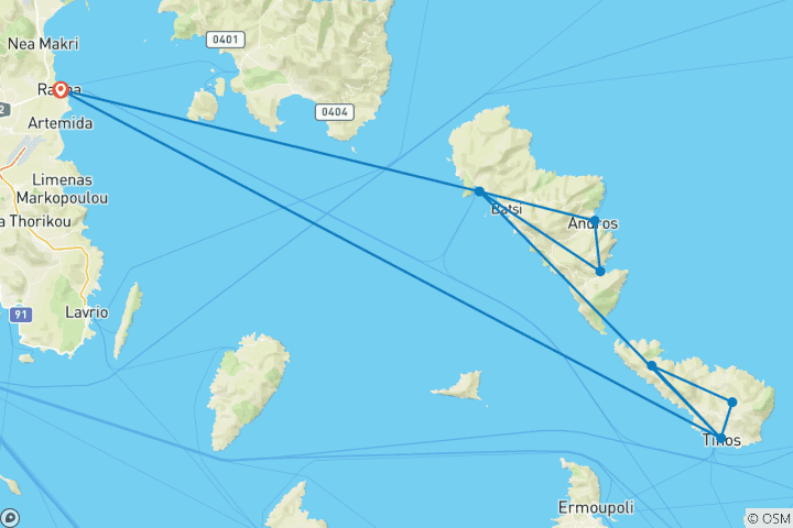 Mapa de Vacaciones a pie en Andros y Tinos, Cícladas,Grecia