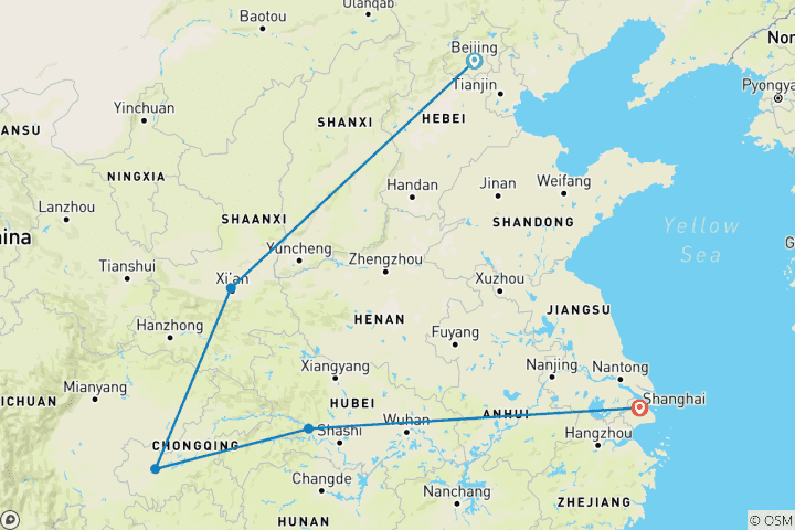 Map of China Group Tour to Beijing, Xi'an, Yangtze River Cruise and Shanghai