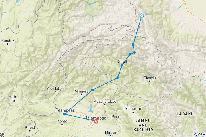 Mapa de Circuito por la Ruta de la Seda de Tashkurgan - China - a islamabad - Pakistán