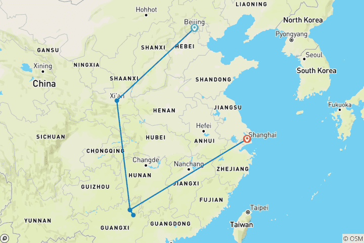 Map of 11-Day Small Group China Tour to Beijing, Xi'an, Guilin and Shanghai