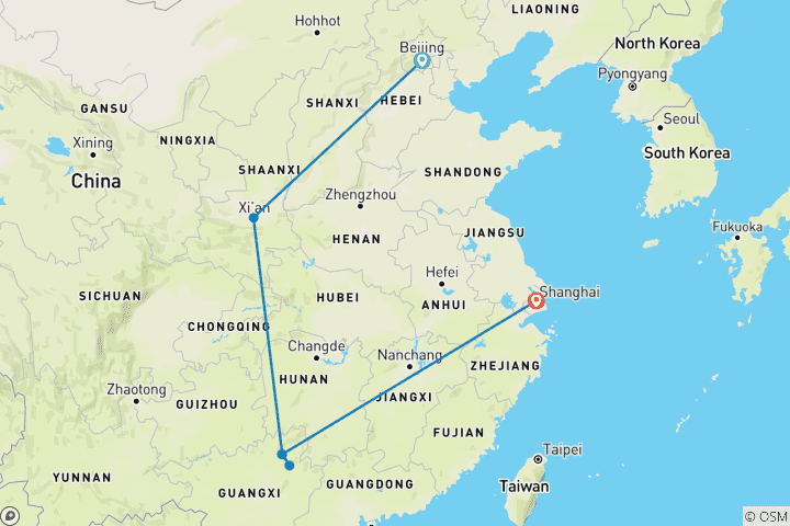 Map of 11-Day Small Group China Tour to Beijing, Xi'an, Guilin and Shanghai