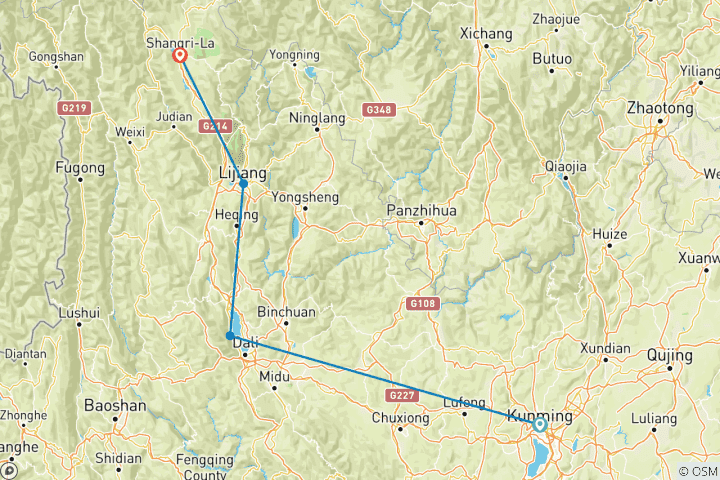 Mapa de Excursión a medida por Yunnan para conocer la cultura de las minorías, con salida diaria y guía privado