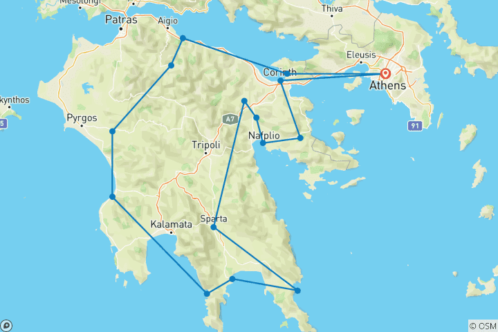 Carte du circuit Le Péloponnèse paradisiaque (visite guidée semi-privée tout compris)