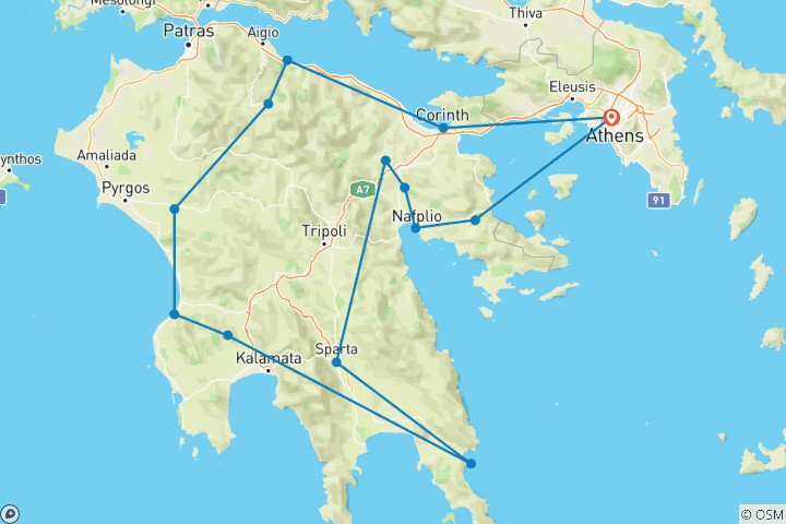 Map of Paradisial Peloponnese (All-Inclusive Guided Semi-Private Tour)