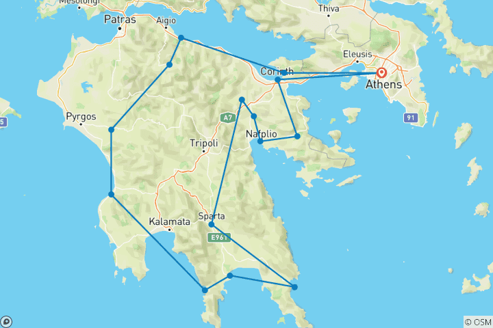 Map of Paradisial Peloponnese (All Inclusive & Guided In-Depth Tour)