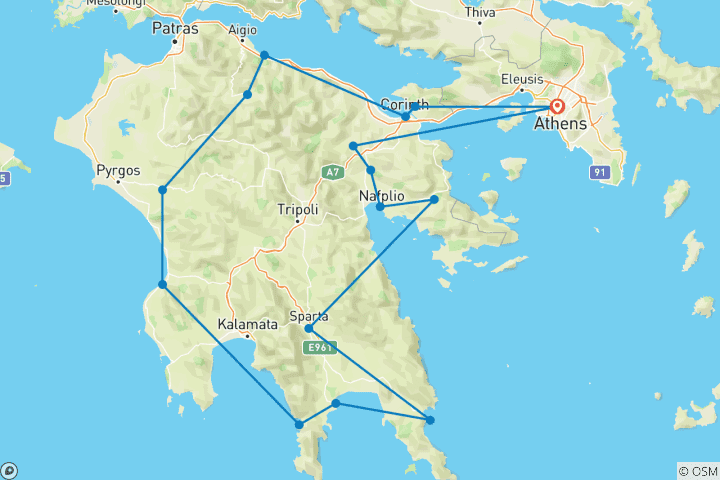 Map of Paradisial Peloponnese (All Inclusive & Guided In-Depth Tour)