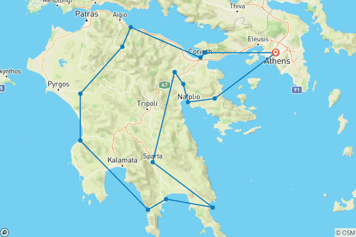 Mapa de Peloponeso Paradisíaco (Excursión guiada semiprivada con todo incluido)