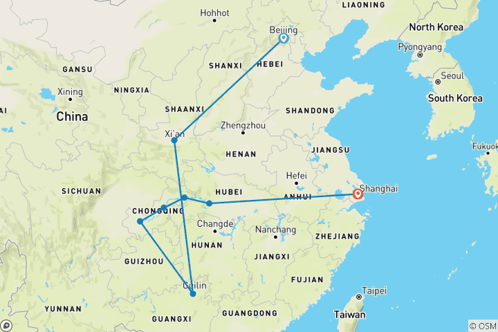 Kaart van 14-daagse rondreis door China met Yangtze cruise: Luxe Kleine Groep & Hotels