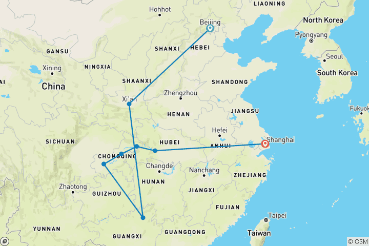 Mapa de Circuito en grupo pequeño de 14 días por la China clásica