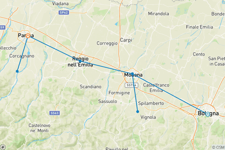 Carte du circuit Taste of Italy, Emilia- Romagna Culinary Cycling - Classic Self Guided 8day - Goût de l'Italie, cyclisme culinaire en Émilie- Romagne - 8 jours