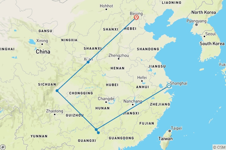 Carte du circuit Circuit sur mesure en Chine pour les familles, avec guide privé et départ quotidien