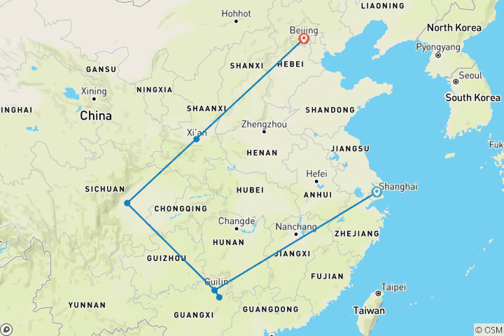 Carte du circuit Circuit sur mesure en Chine pour les familles, avec guide privé et départ quotidien