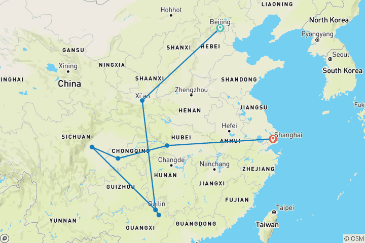 Karte von Maßgeschneiderte China-Familienreise mit 5-Sterne-Kreuzfahrt, täglichem Start und privatem Reiseleiter