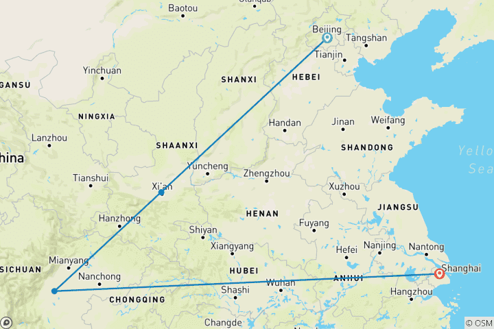 Mapa de Circuito en grupo de 11 días por China: Pekín, Xi'an, Chengdu y Shanghái