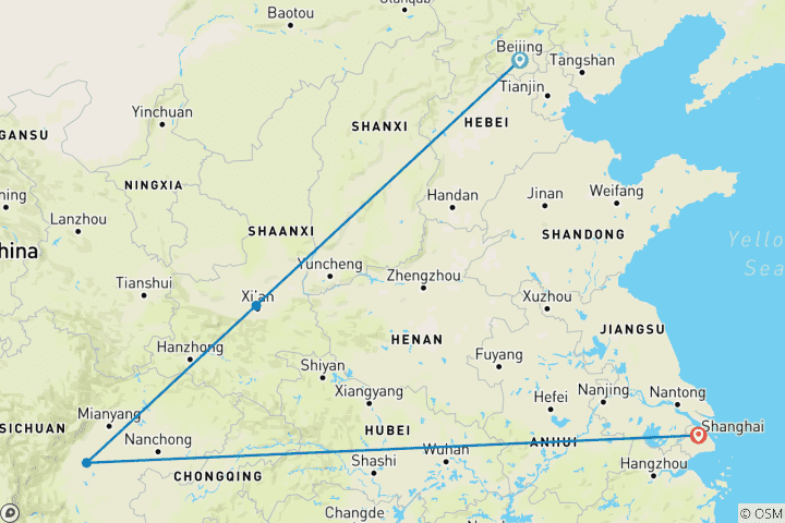 Map of 11-Day China Group Tour to Beijing, Xi'an, Chengdu and Shanghai