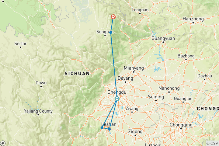 Map of Tailor-Made China Vacation with Jiuzhaigou & Pandas, Daily Start