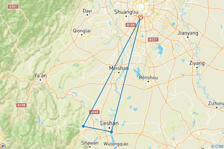 Map of Tailor-Made Chengdu Holiday to See Pandas and Mt. Emei with Daily Departure