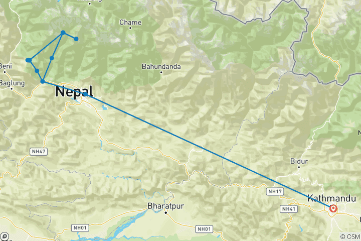 Map of Annapurna Base Camp Trek via Poon Hill