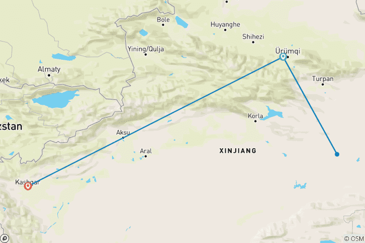 Mapa de Aventura a medida por el desierto de Gobi en Xinjiang, salida diaria