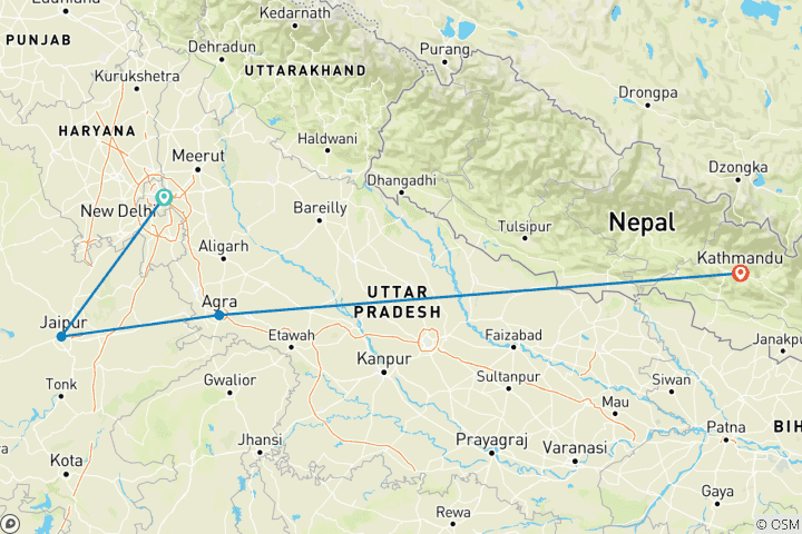 Carte du circuit Circuit du triangle d'or de l'Inde avec le Népal