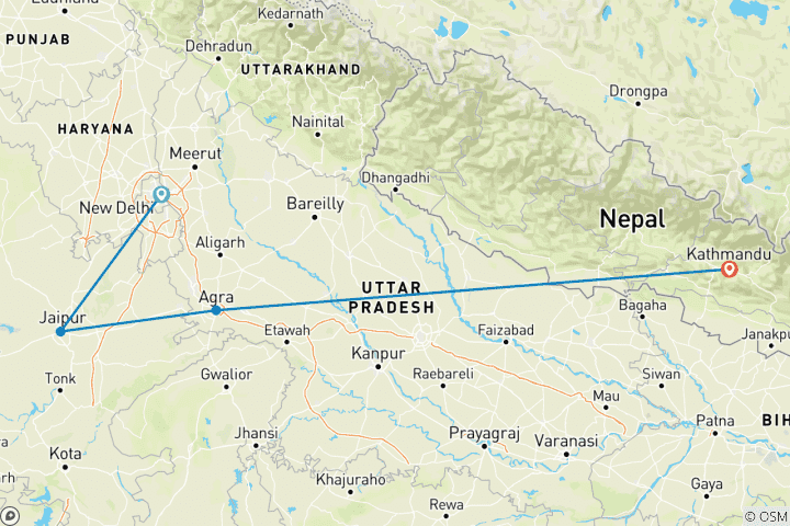 Map of Golden Triangle Tour with Nepal