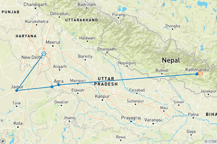Kaart van India's Gouden Driehoek & Nepal