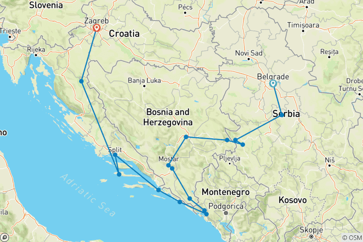 Mapa de Lo esencial de los Balcanes en 12 días