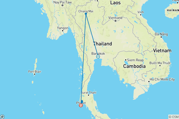 Mapa de Tailandia circuito experiencia montaña norte y playa sur 10 días - circuito privado