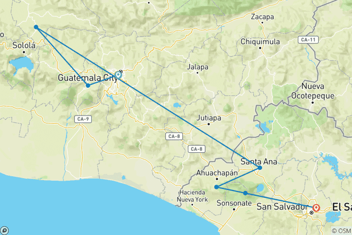 Map of Guatemala and El Salvador : Between volcanoes, lakes and ancient culture 8 days