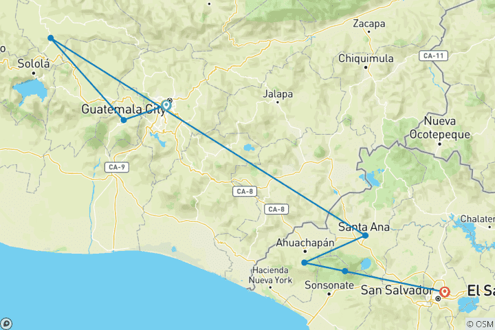 Map of Guatemala and El Salvador : Between volcanoes, lakes and ancient culture 8 days