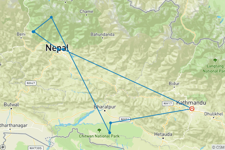 Karte von Poonhill Trekking Tour mit silbernem Dreieck von Nepal