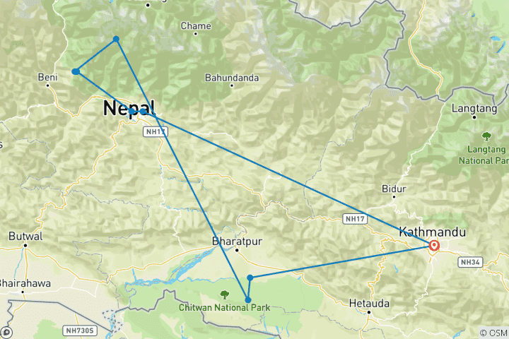 Karte von Poonhill Trekking Tour mit silbernem Dreieck von Nepal