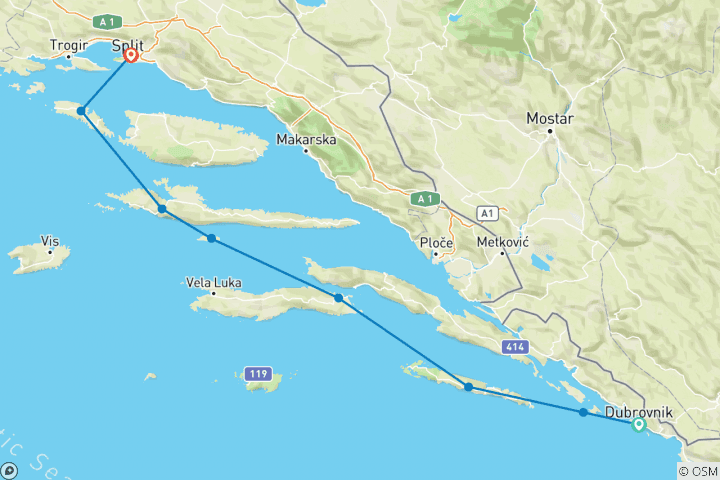 Carte du circuit Croatie Dubrovnik Explorer : Catamaran supérieur au départ de Dubrovnik