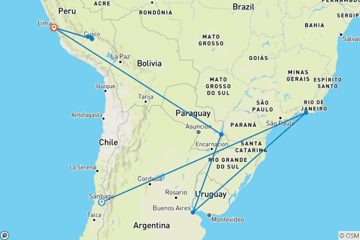 Carte du circuit L'esprit de l'Amérique du Sud avec Santiago