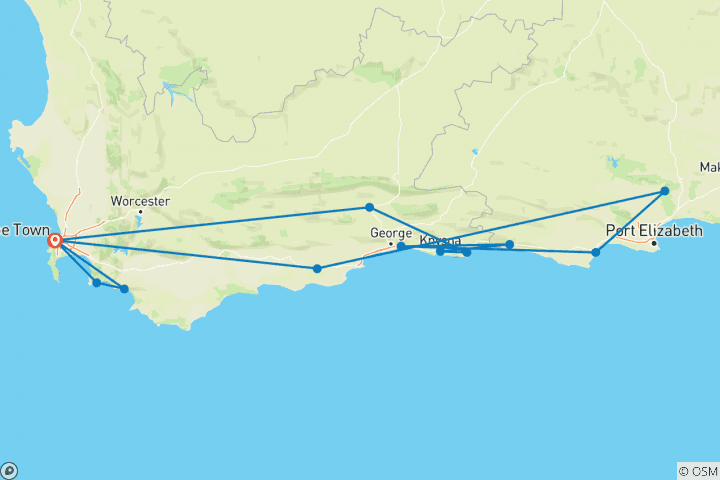 Map of 5 Day Garden Route Adventure Including Addo