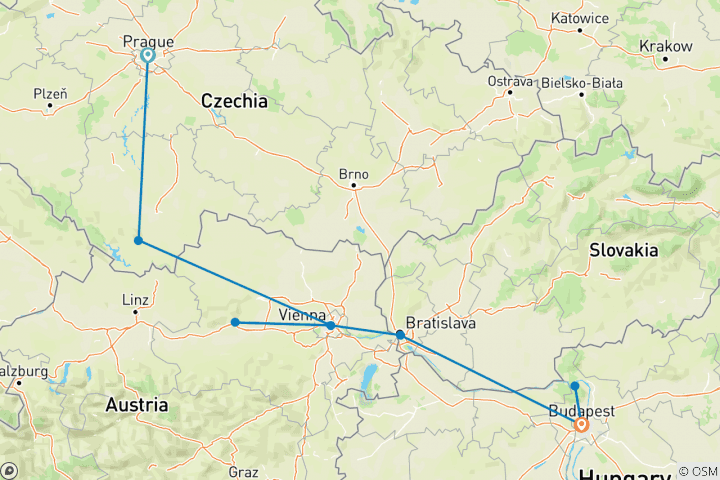 Carte du circuit Villes impériales avec Prague, Vienne et Budapest (de Prague à Budapest) (2024)