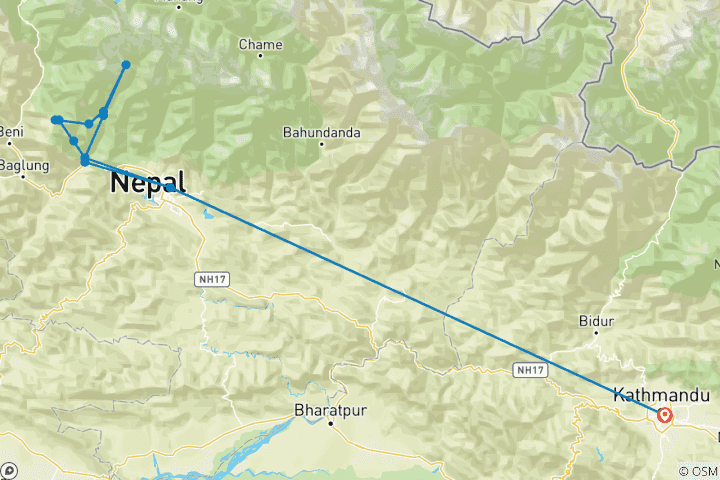 Kaart van Annapurna Basiskamp Trek -13 Dagen