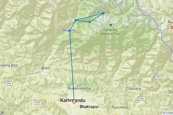 Carte du circuit Trek dans la vallée du Langtang