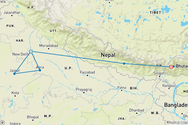 Map of Highlights of India, Nepal & Bhutan