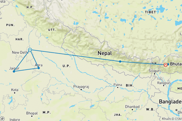Carte du circuit Points forts de l'Inde, du Népal et du Bhoutan