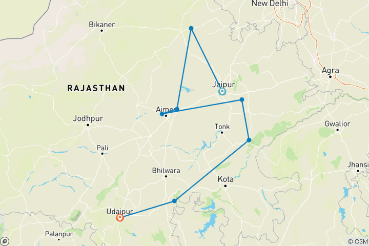 Map of 11- Day Enthralling  Rajasthan Tour : Tigers  Palaces  Folk Dances Slow-Cooked Food  Lake Cruises