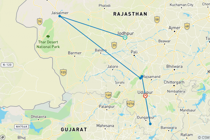 Kaart van 11-daagse gedenkwaardige rondreis door West-India van de Thar-woestijn naar de Merenstad Udaipur