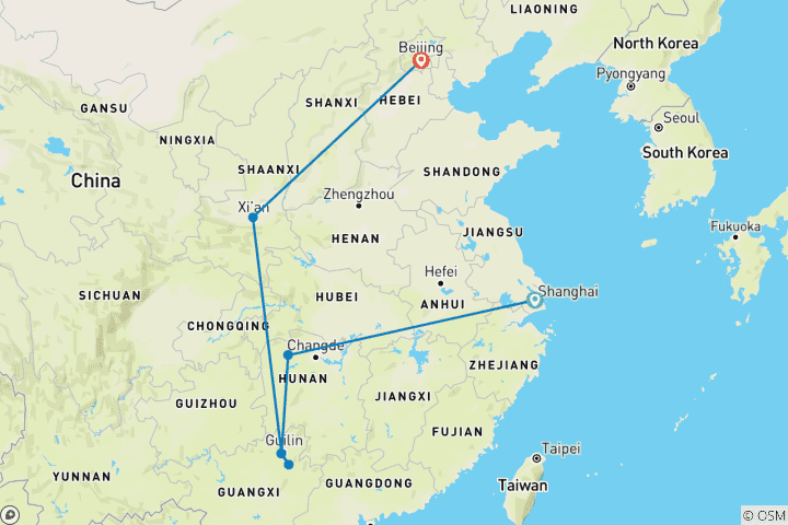 Carte du circuit 14 jours - Circuit privé sur mesure en Chine avec Zhangjiajie, entièrement guidé