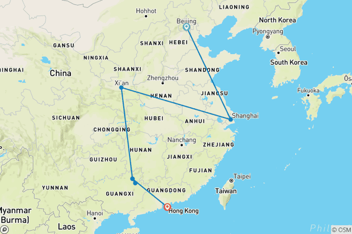 Kaart van 12 Dagen China familiereis op maat, dagelijks vertrek & privégids