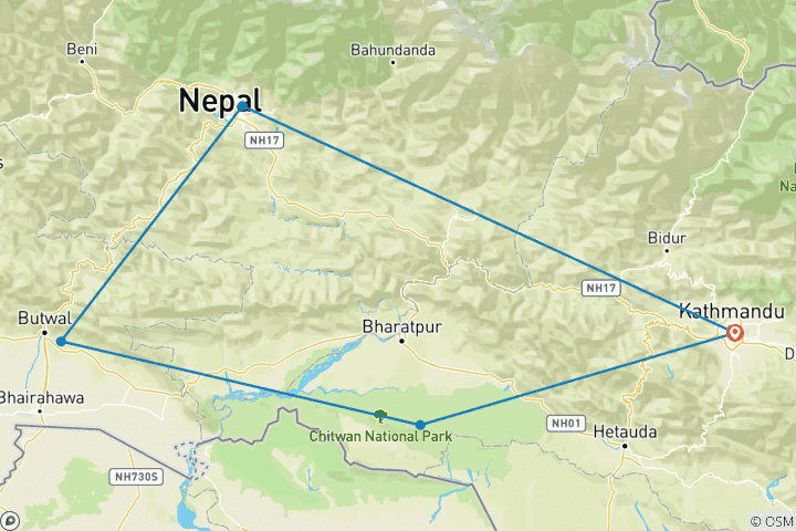 Map of Wildlife and Heritage 10-Day Adventure (From Kathmandu)